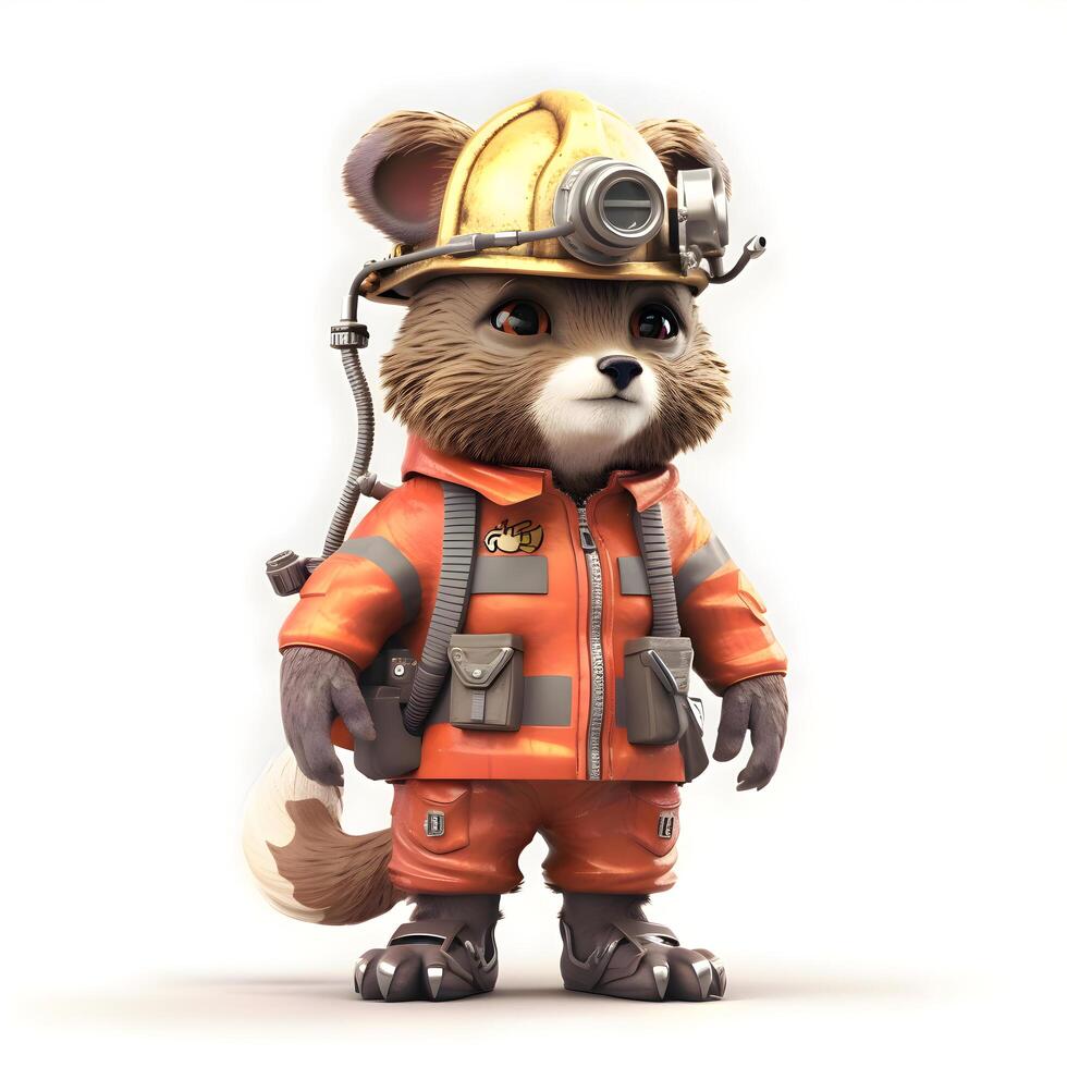 3d Rendern von ein süß wenig Teddy Bär tragen ein Feuerwehrmann Anzug, ai generativ Bild foto