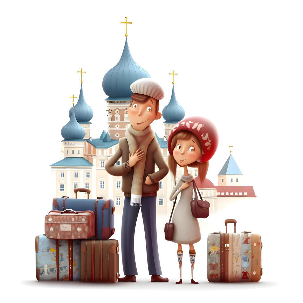Reisender Paar mit Gepäck isoliert auf Weiß Hintergrund. 3d Wiedergabe, ai generativ Bild foto