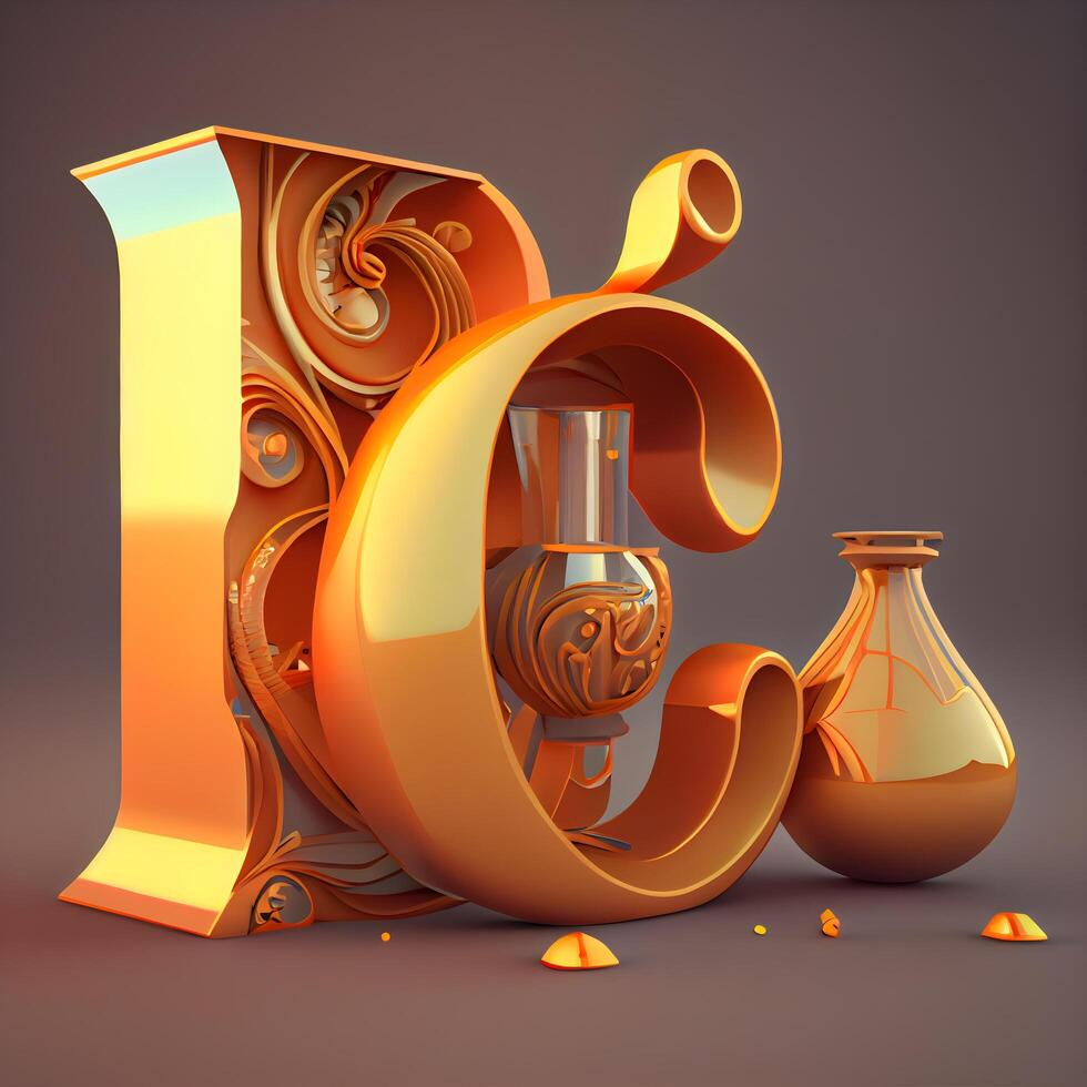 3d Rendern von Brief ich im golden Stil mit Vase und Halbmond, ai generativ Bild foto