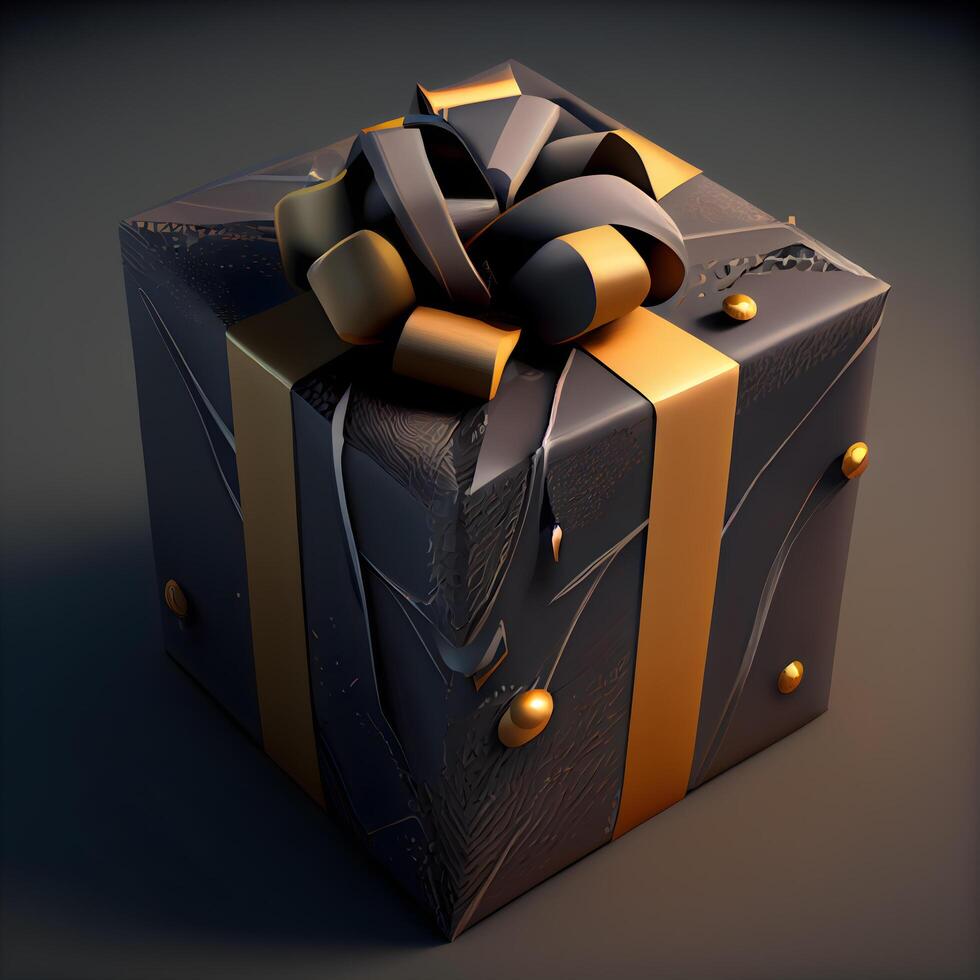 Geschenk Box mit Gold Bogen auf schwarz Hintergrund. 3d Illustration, ai generativ Bild foto