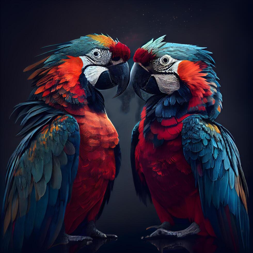 zwei Ara Papageien auf ein dunkel Hintergrund. Tier Porträt., ai generativ Bild foto