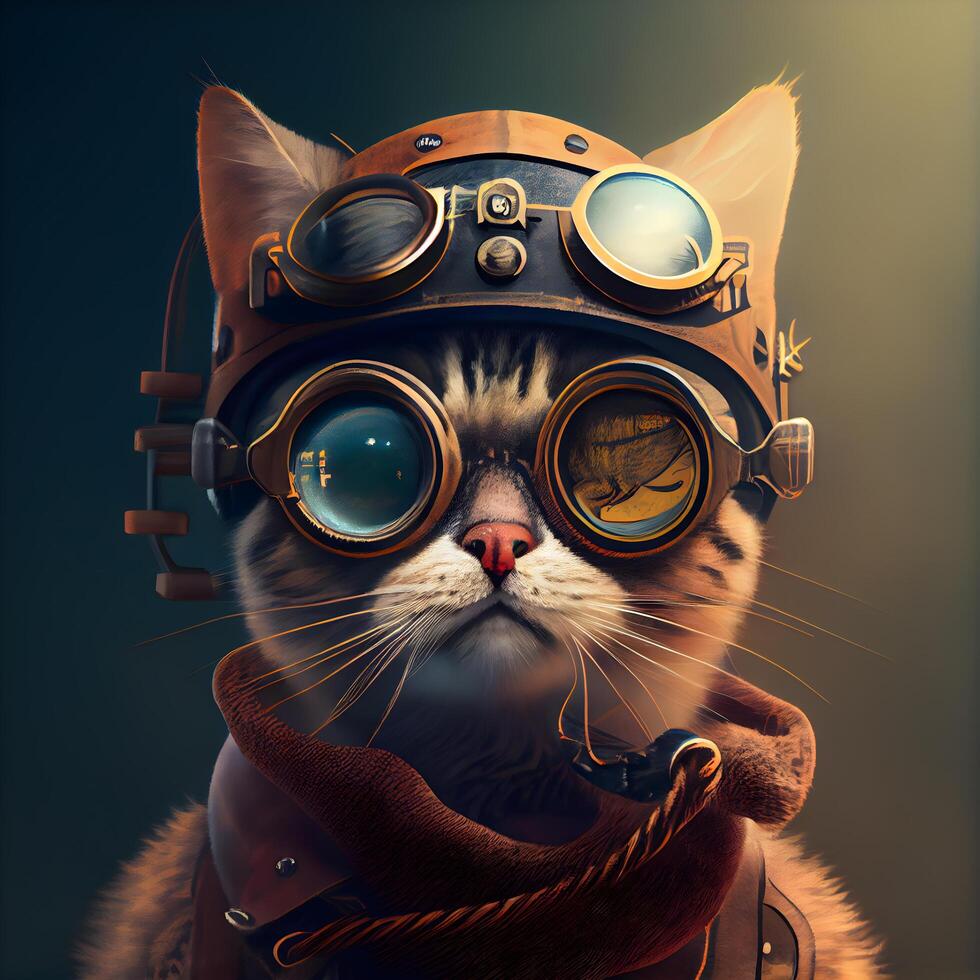 Porträt von ein Katze mit Flieger Helm und Brille. Jahrgang Stil., ai generativ Bild foto