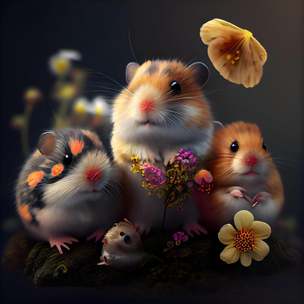 Hamster mit Blumen auf ein dunkel Hintergrund. 3d Illustration., ai generativ Bild foto