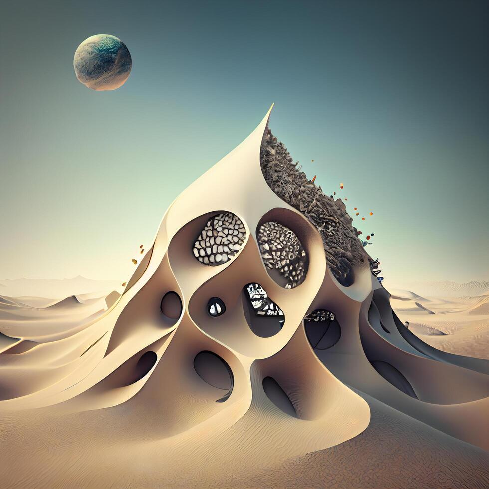 3d Illustration von Fantasie Landschaft mit Sand Dünen und Planeten., ai generativ Bild foto