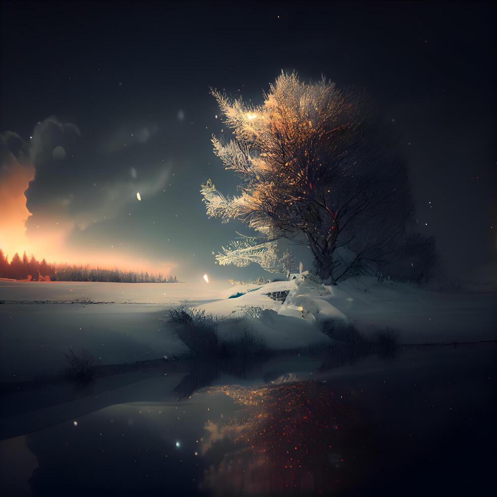 Winter Landschaft mit Schnee bedeckt Bäume und See beim Nacht. Illustration, ai generativ Bild foto