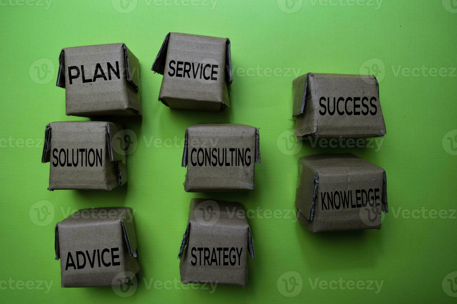 Beratung, Lösung, planen, Service, Erfolg, Wissen, Strategie, Rat Text auf Box isoliert auf Grün Schreibtisch. Mechanismus Strategie Konzept foto