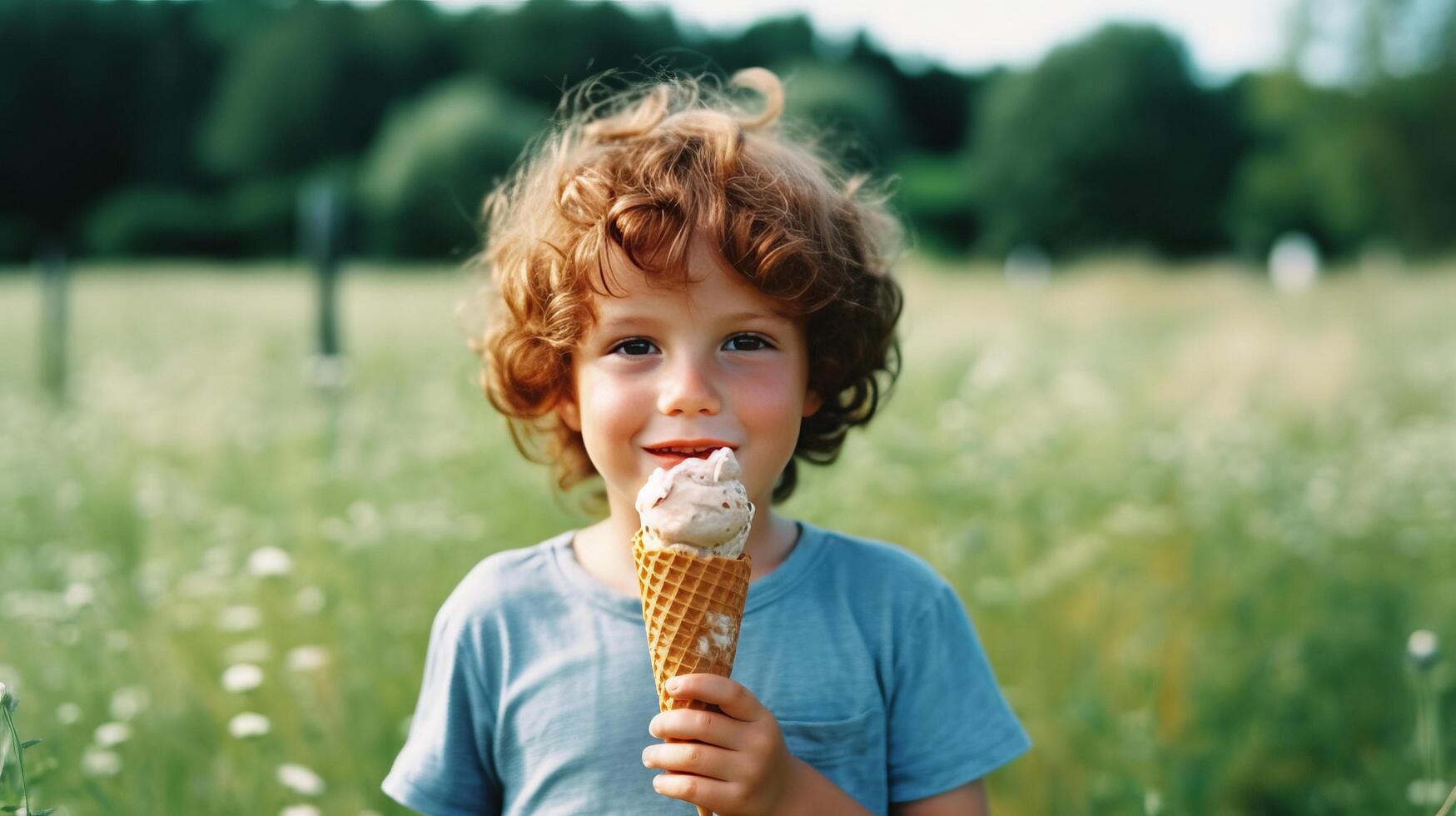 lockig Haar Junge mit Eis Creme. Illustration ai generativ foto