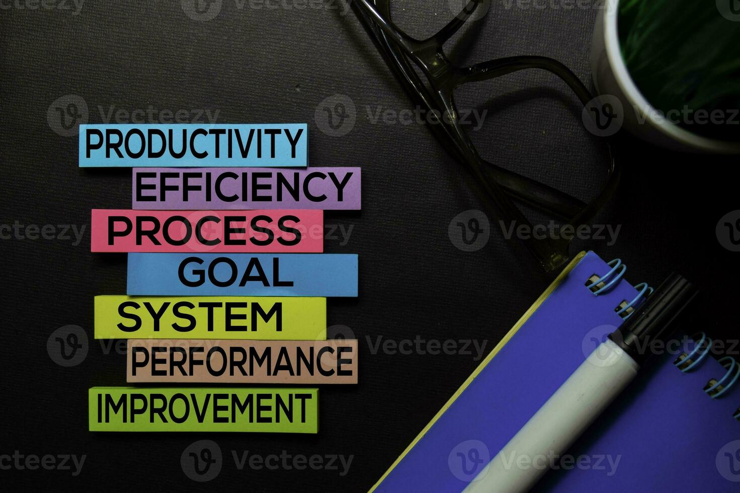 Produktivität, Effizienz, Verfahren, Ziel, System, Leistung, Verbesserung Text auf klebrig Anmerkungen isoliert auf schwarz Schreibtisch. Mechanismus Strategie Konzept foto