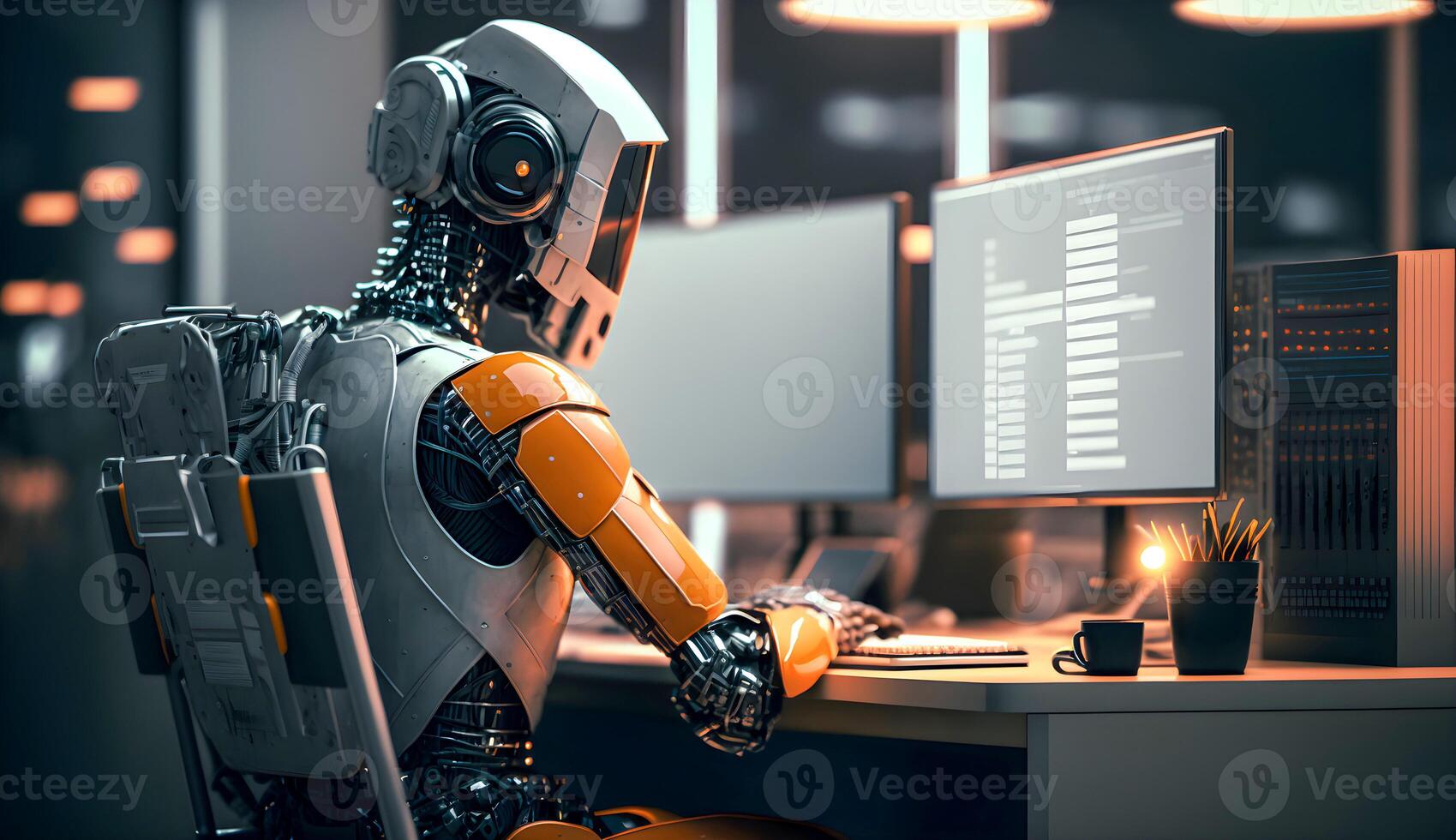 Bild von menschenliebend Roboter Arbeiten auf Computer im Büro stattdessen von menschlich, künstlich Intelligenz Konzept Bild erstellt durch generativ ai Technologie foto