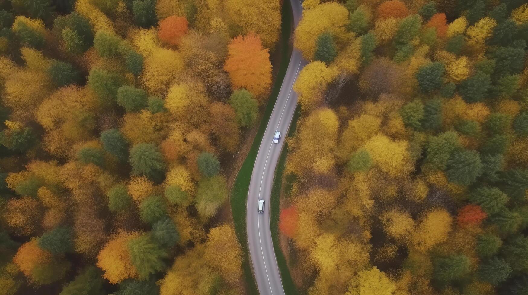 Drohne Aussicht Herbst Wald Straße. Illustration ai generativ foto