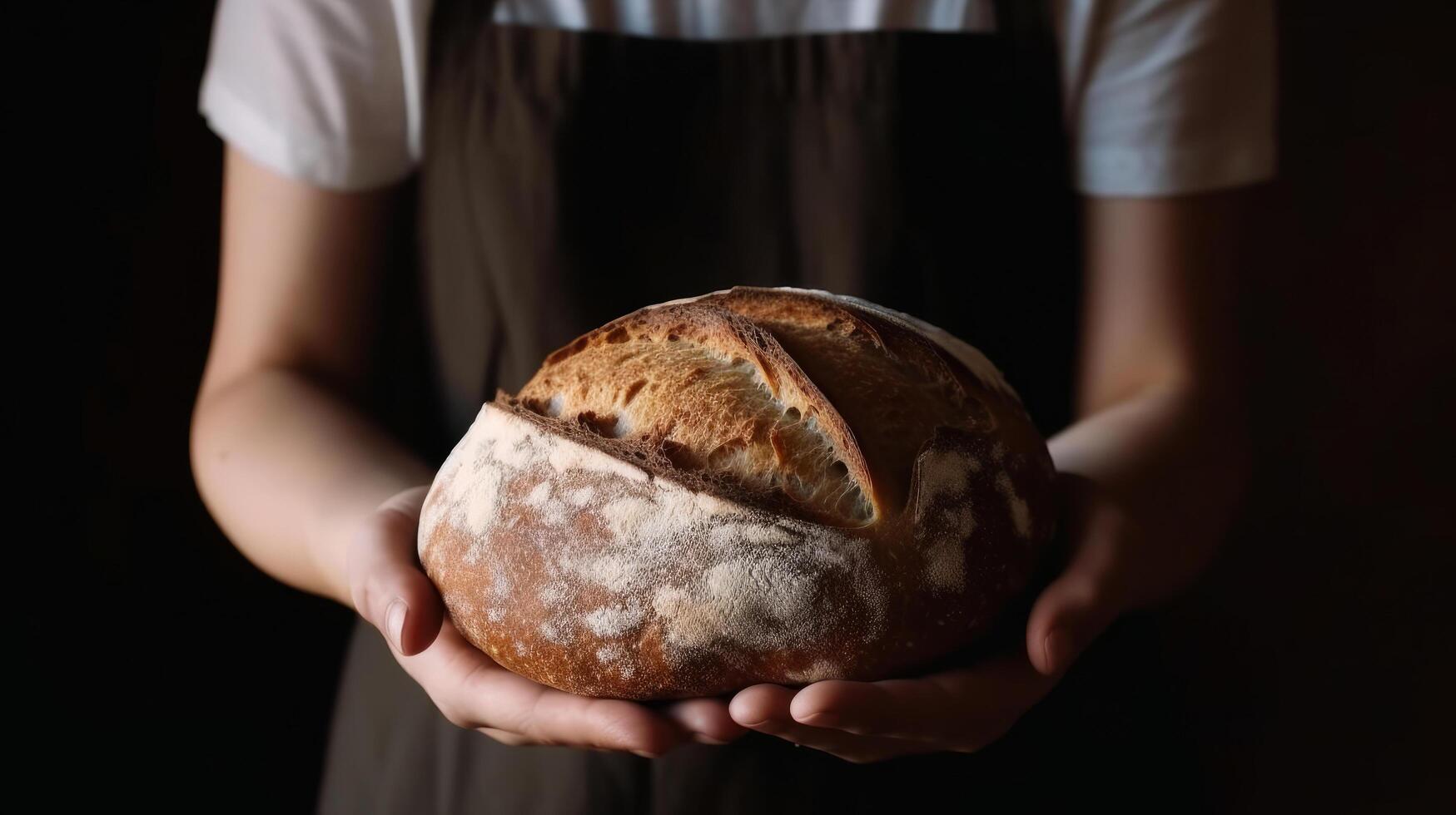 Frau halten frisch Brot. Illustration ai generativ foto