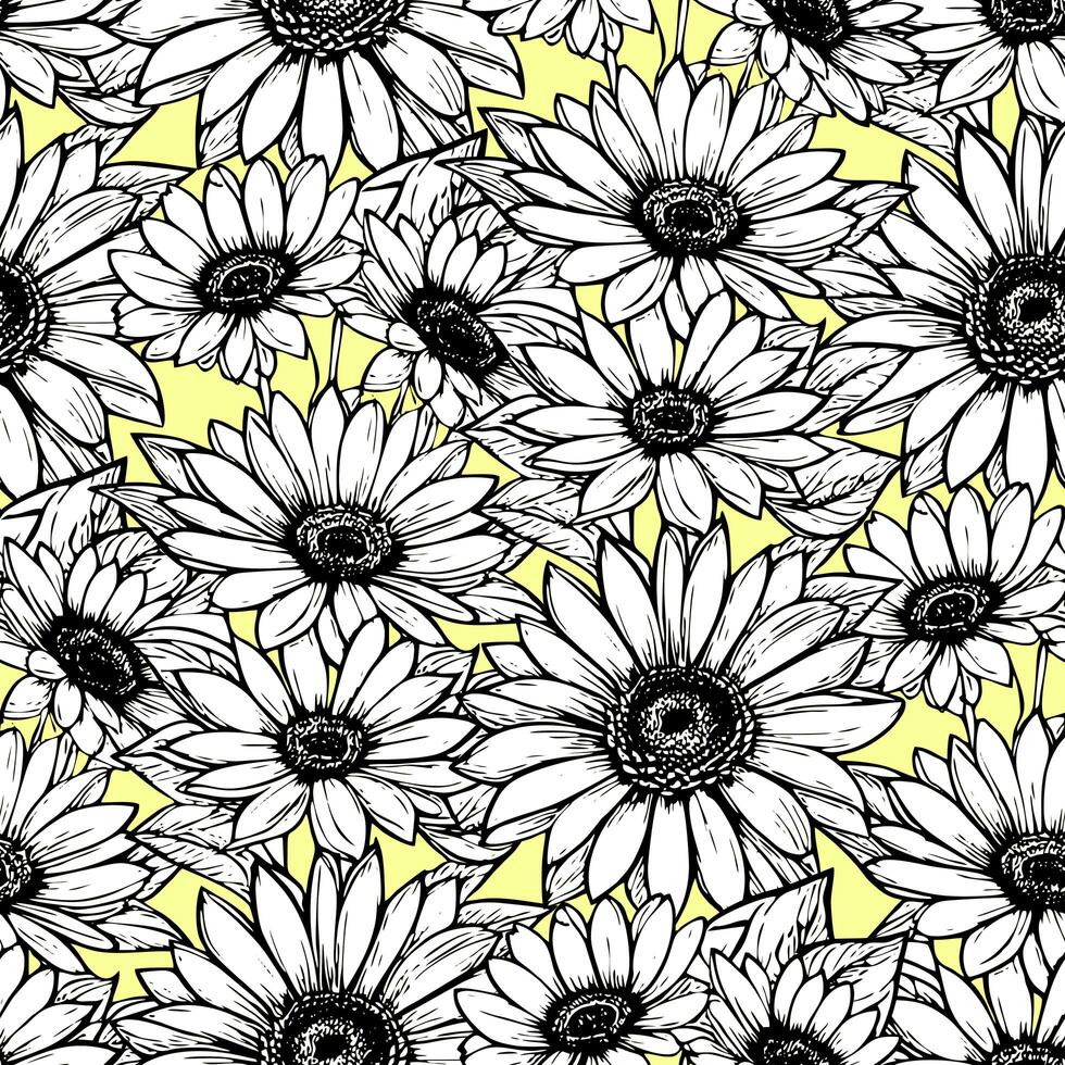 nahtlos Muster von groß schwarz und Weiß Blumen auf ein Gelb Hintergrund, Textur, Design foto