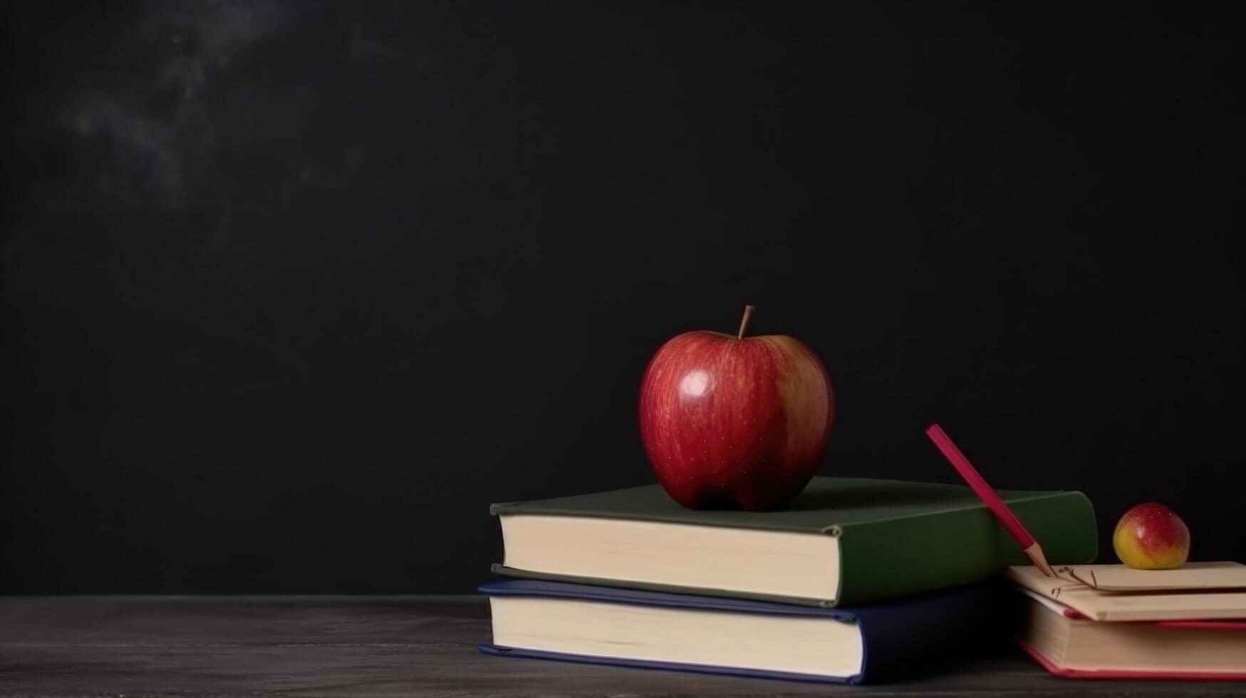 zurück zu Schule Hintergrund mit Bücher und Apfel. Illustration ai generativ foto