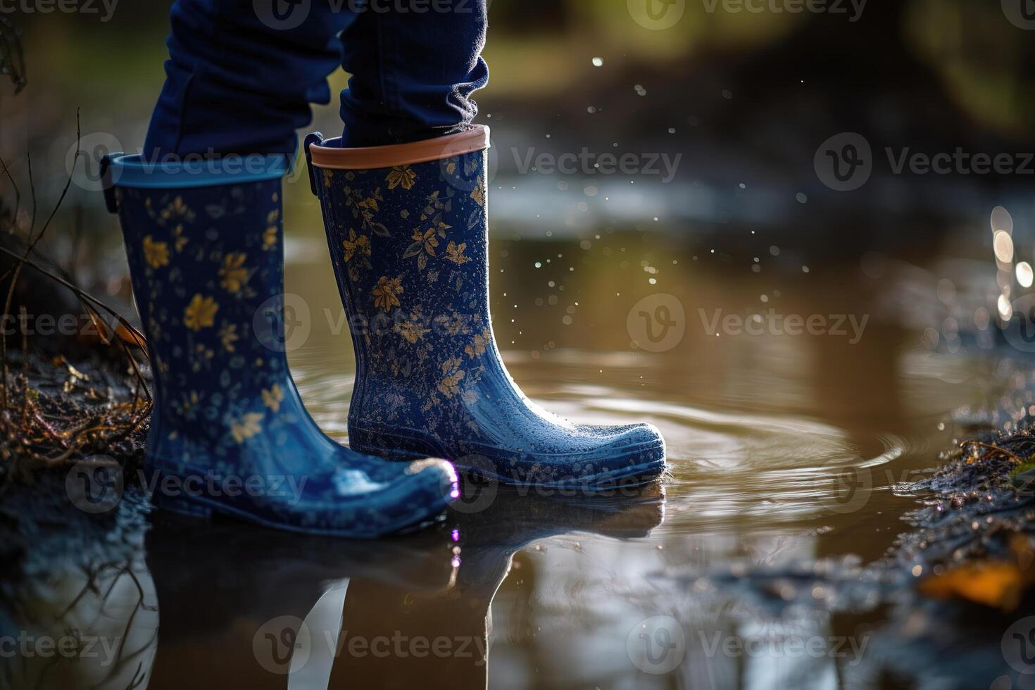 Kind im ein Gummi Stiefel im ein Pfütze. generiert ai. foto