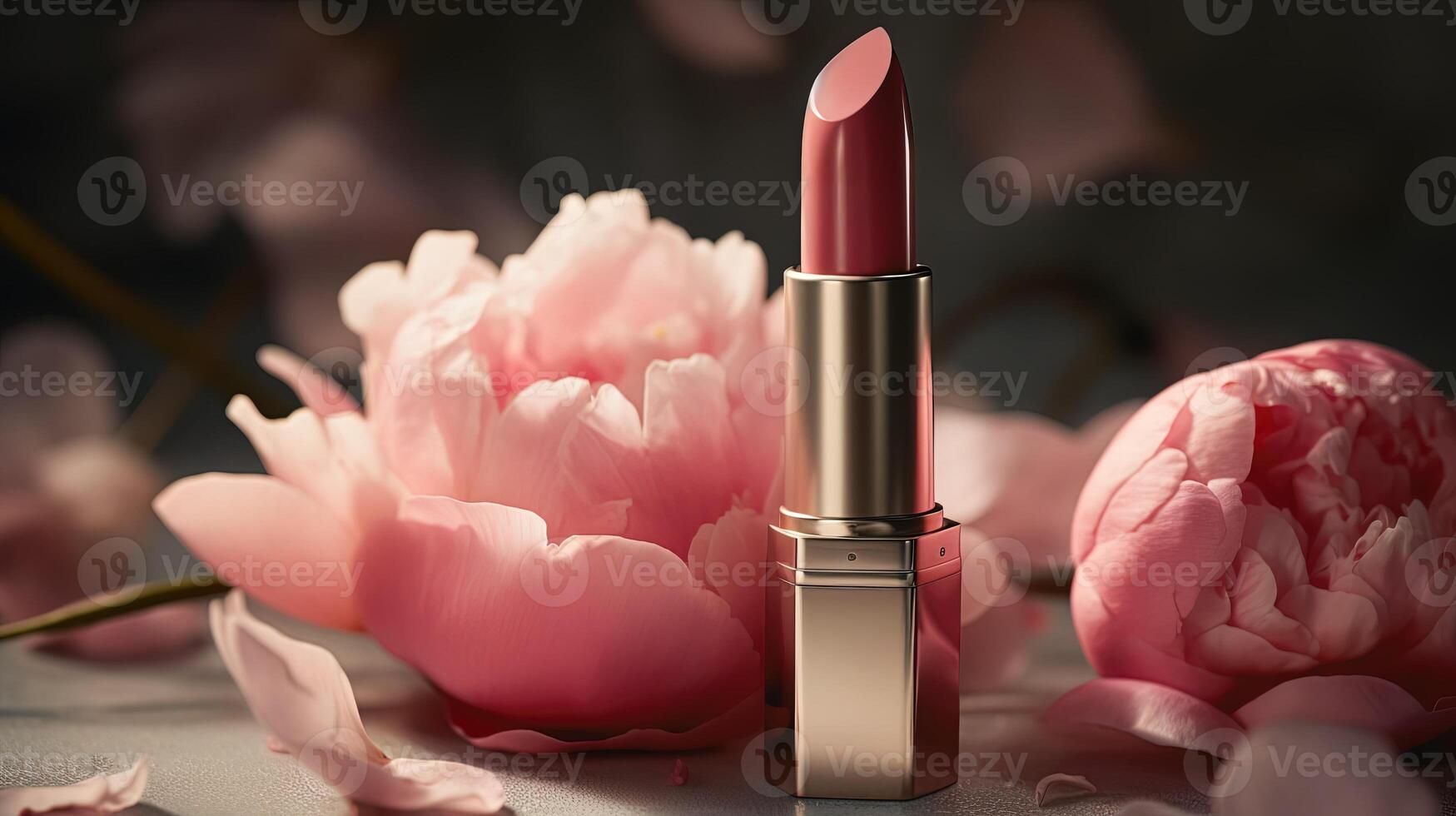 schließen oben von ein Neu Lippenstift umgeben durch Rosa Pfingstrose Blumen. generiert ai. foto