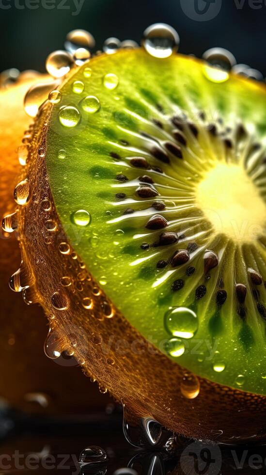 Vertikale schließen oben von ein geschnitten Kiwi bedeckt mit Wasser Tropfen. generiert ai. foto