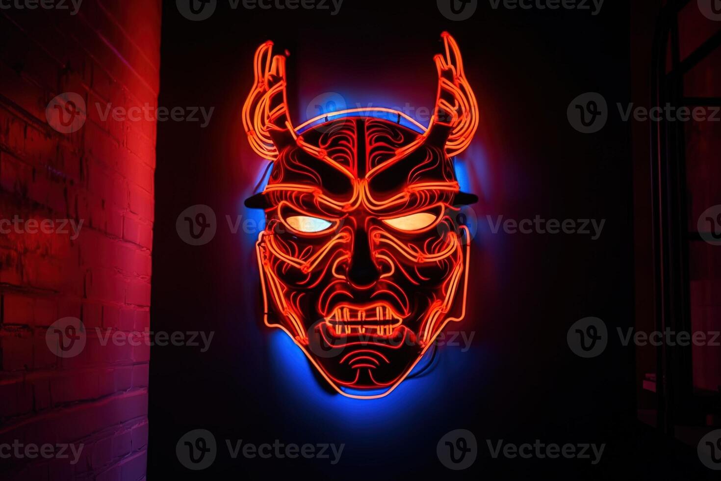 Neon- traditionell japanisch Dämon Maske. generiert ai. foto