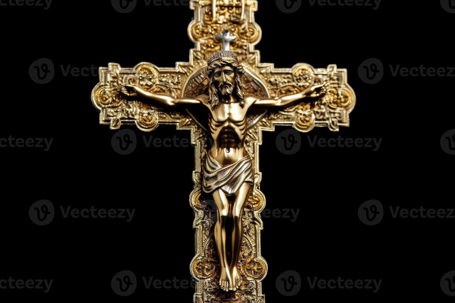 golden Kreuz von Jesus Christus gekreuzigt. Religion und Christentum Konzept. ai generiert foto