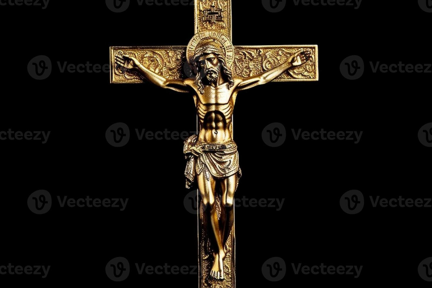 golden Kreuz von Jesus Christus gekreuzigt. Religion und Christentum Konzept. ai generiert foto