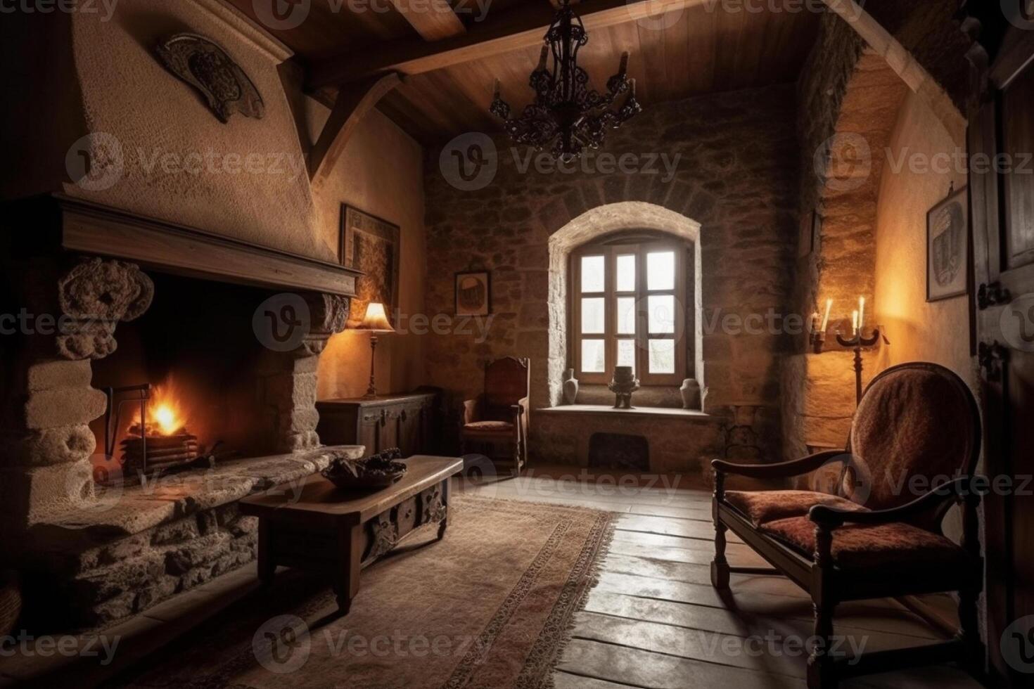 gemütlich Kamin im ein Zimmer im ein mittelalterlich gotisch Schloss. ai generiert foto