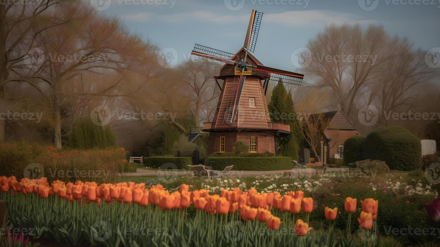 klassisch Windmühle im das Tulpe Blume Garten ,generativ ai foto