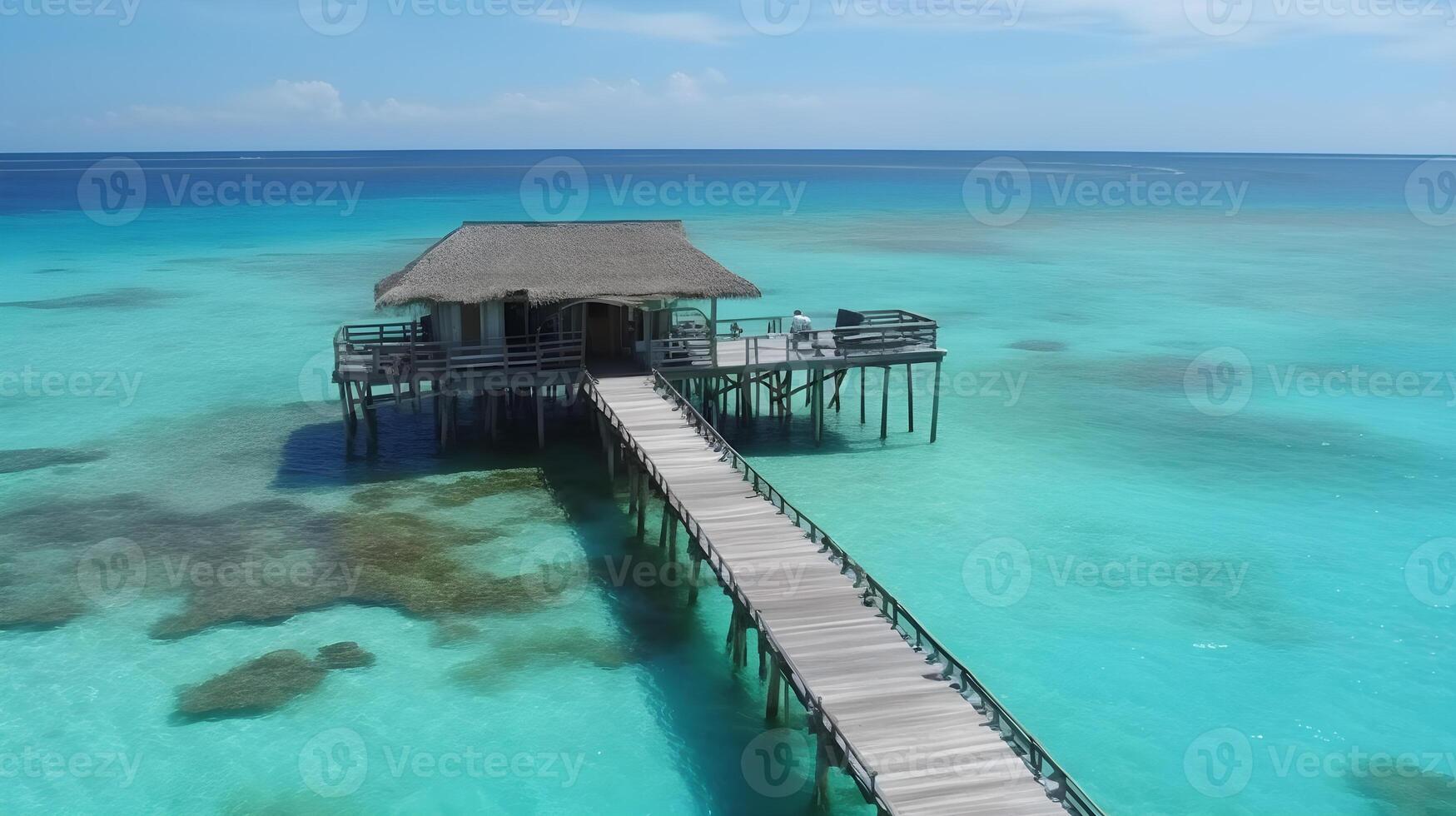 Wasser Villa im flach Meer, direkt am Meer Bungalows, generativ ai foto