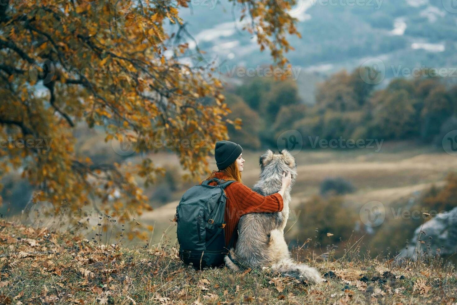 Frau Reisen im das Berge mit ein Hund Freundschaft foto