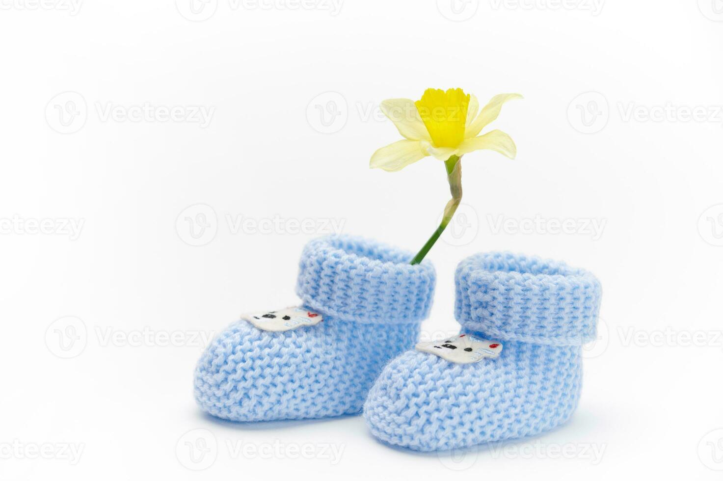 ein Paar von handgemacht Blau gestrickt Baby Booties und Gelb Narzisse Blume, isoliert auf Weiß Hintergrund. Neugeborene Kleidung foto