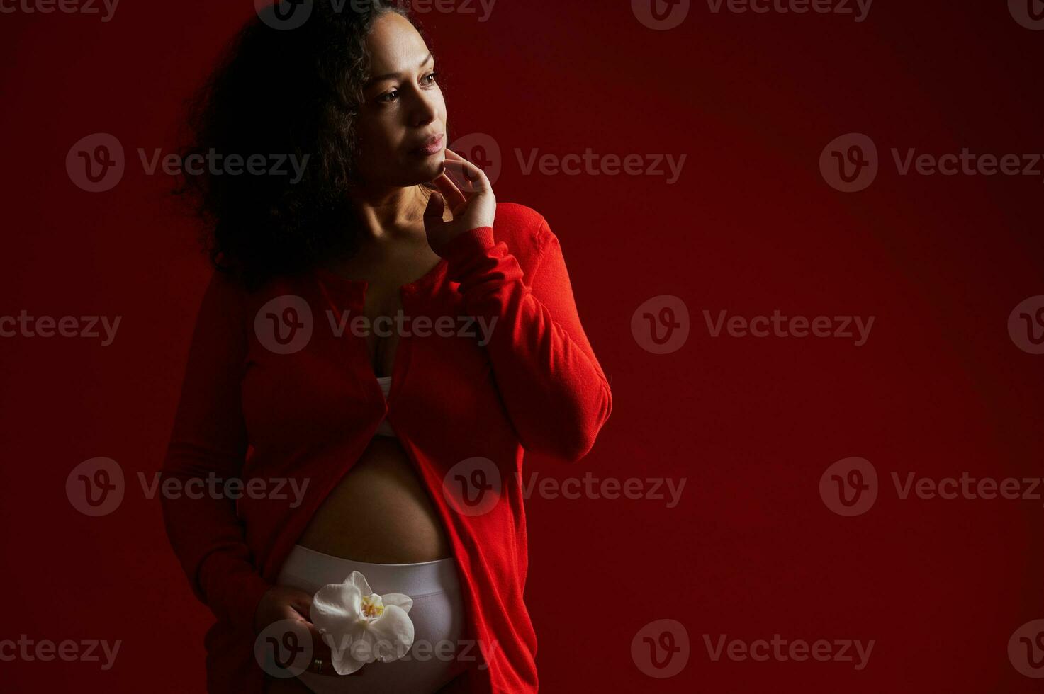 Schönheit Porträt von ethnisch schwanger Erwachsene Frau mit Weiß Orchidee Blume, posieren nackt Bauch, isoliert auf rot Hintergrund foto