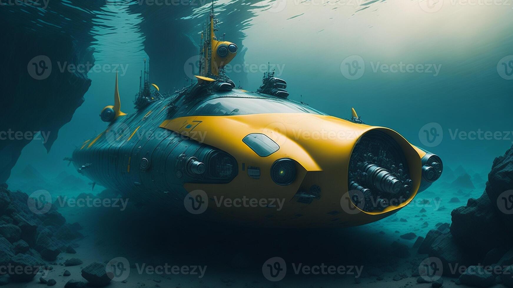 Gelb U-Boot schwebend im tief Blau Meer ai generiert foto