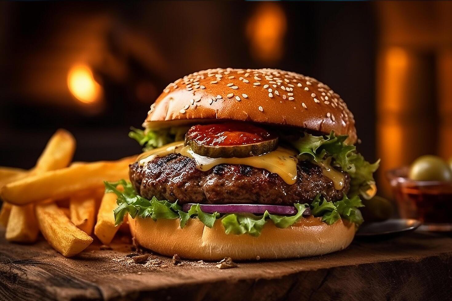 ein groß saftig Burger und Französisch Fritten auf ein hölzern Hintergrund, ai generativ foto