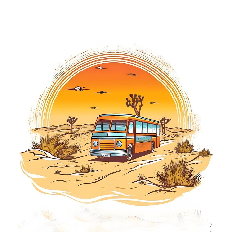 Illustration von ein Bus im das Wüste mit das Sonne Rahmen hinter es generativ ai foto
