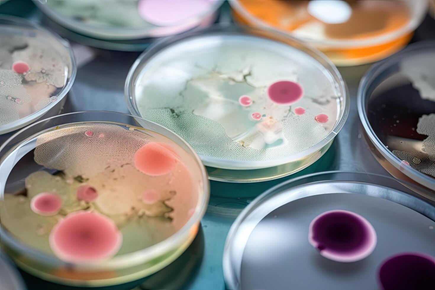 bunt Vielfalt von Mikroorganismus Innerhalb Petri Gericht Teller im Labor mit Super Makro Zoomen Hintergrund, einschließlich von Bakterien, Protozoen, Algen, und Pilze, mit generativ ai. foto