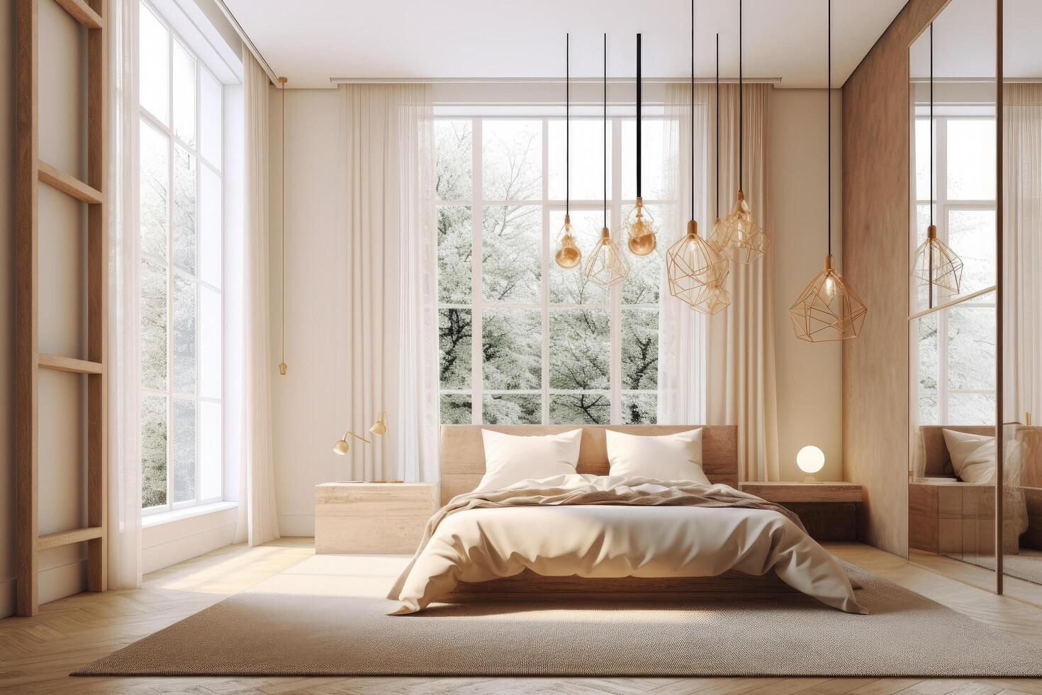 minimal Innere Design Schlafzimmer mit Beige gemütlich Ton Stil, schmücken mit hölzern Bett, Lampe, Weiß Kissen, Tisch, und braun Ton Hintergrund, leeren Mauer zum spotten oben und Banner, mit generativ ai. foto