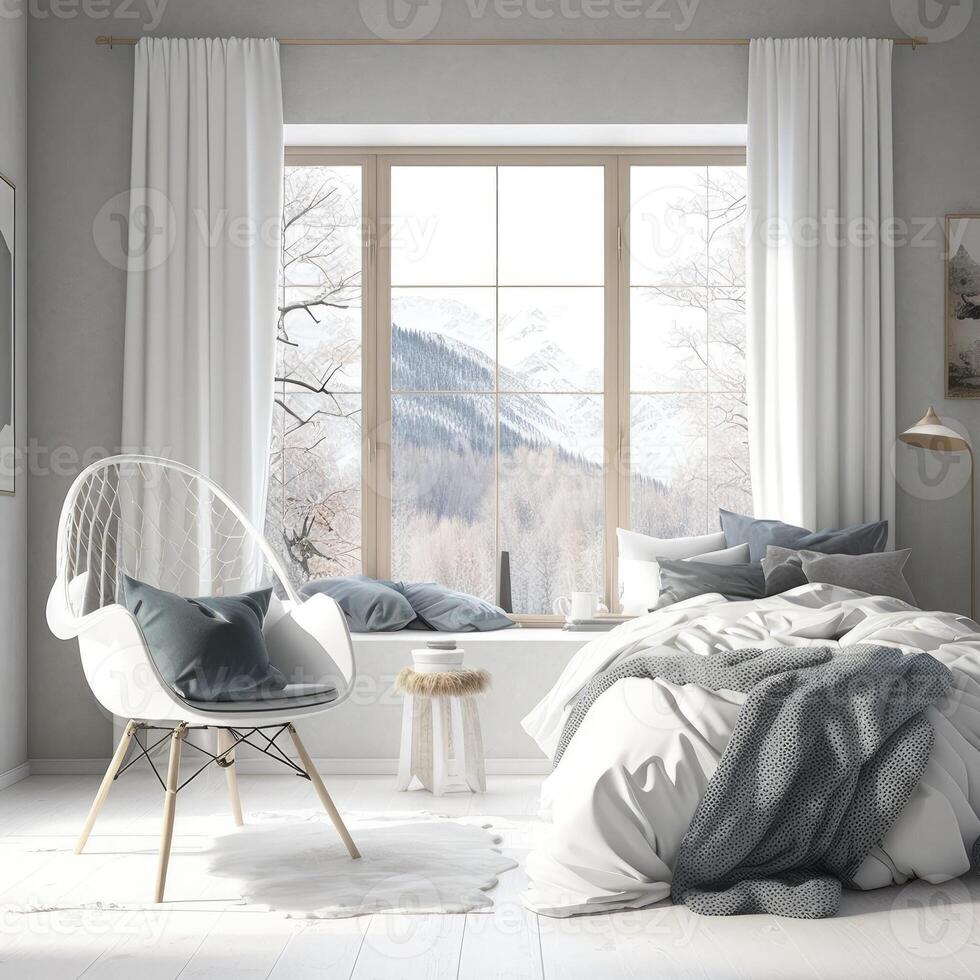 stilvoll Zimmer Innere mit groß komfortabel Bett im skandinavisch Stil. generativ ai foto