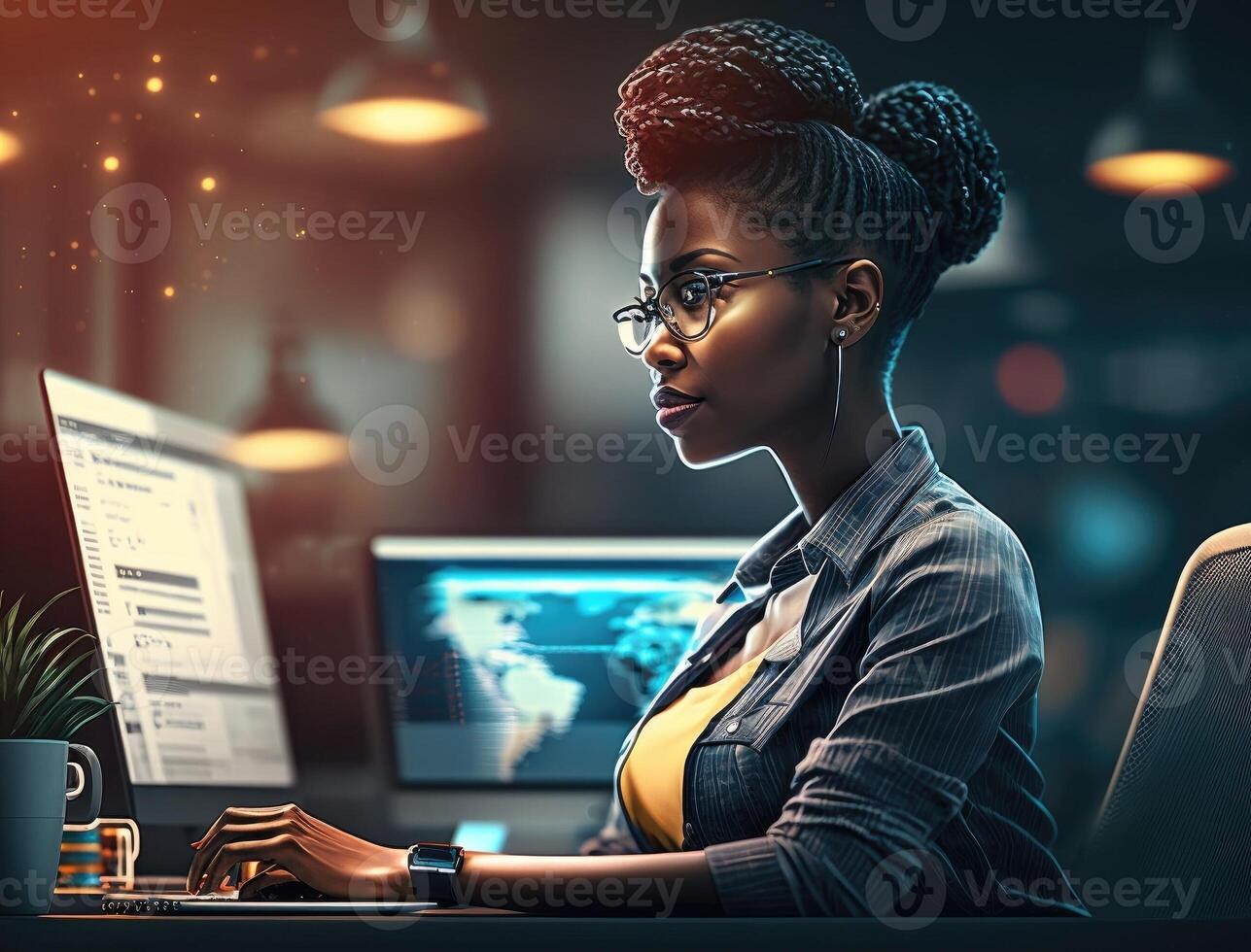 modern Büro schwarz Geschäftsfrau Sitzung beim ihr Schreibtisch Arbeiten auf ein Computer. lächelnd erfolgreich afrikanisch amerikanisch Frau. generativ ai foto