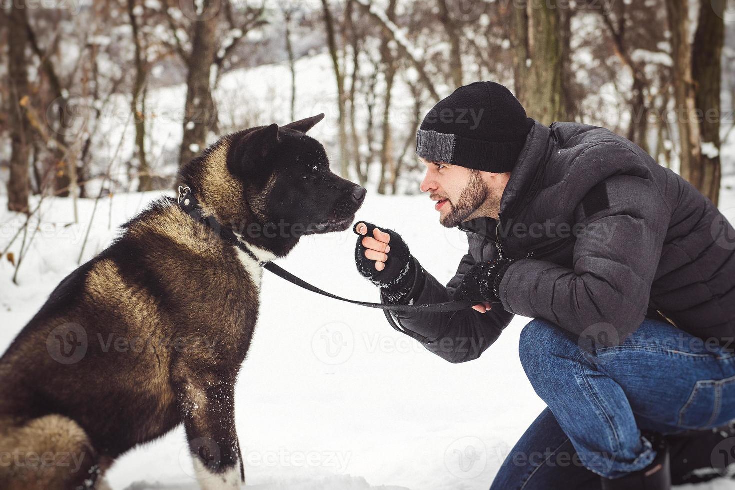 Ein Mann in einer Jacke und einer Strickmütze geht mit einem amerikanischen Akita-Hund spazieren foto