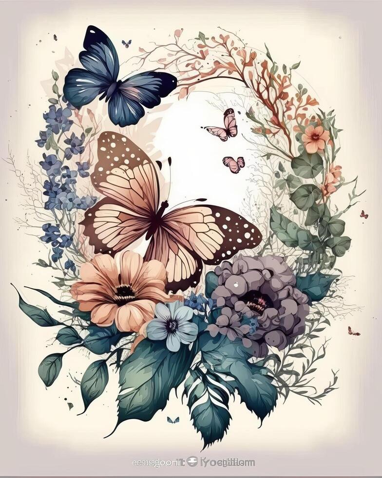 Aquarell bunt Schmetterling Blumen Hintergrund, generativ ai. foto