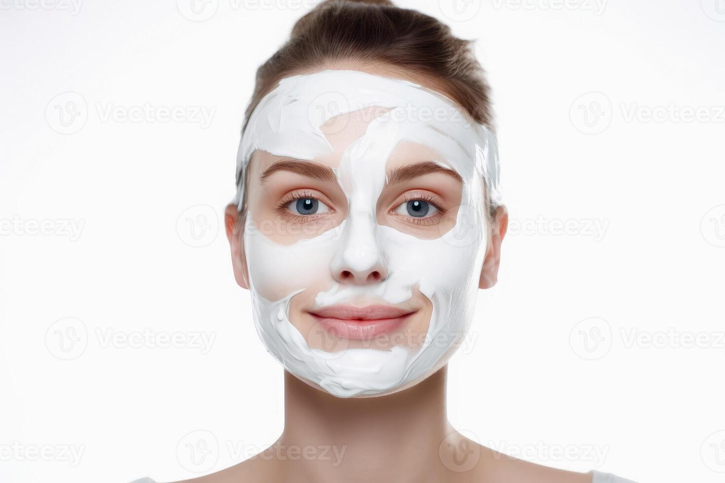weiblich Joghurt Gesicht auf Weiß Hintergrund erstellt mit generativ ai Technologie. foto