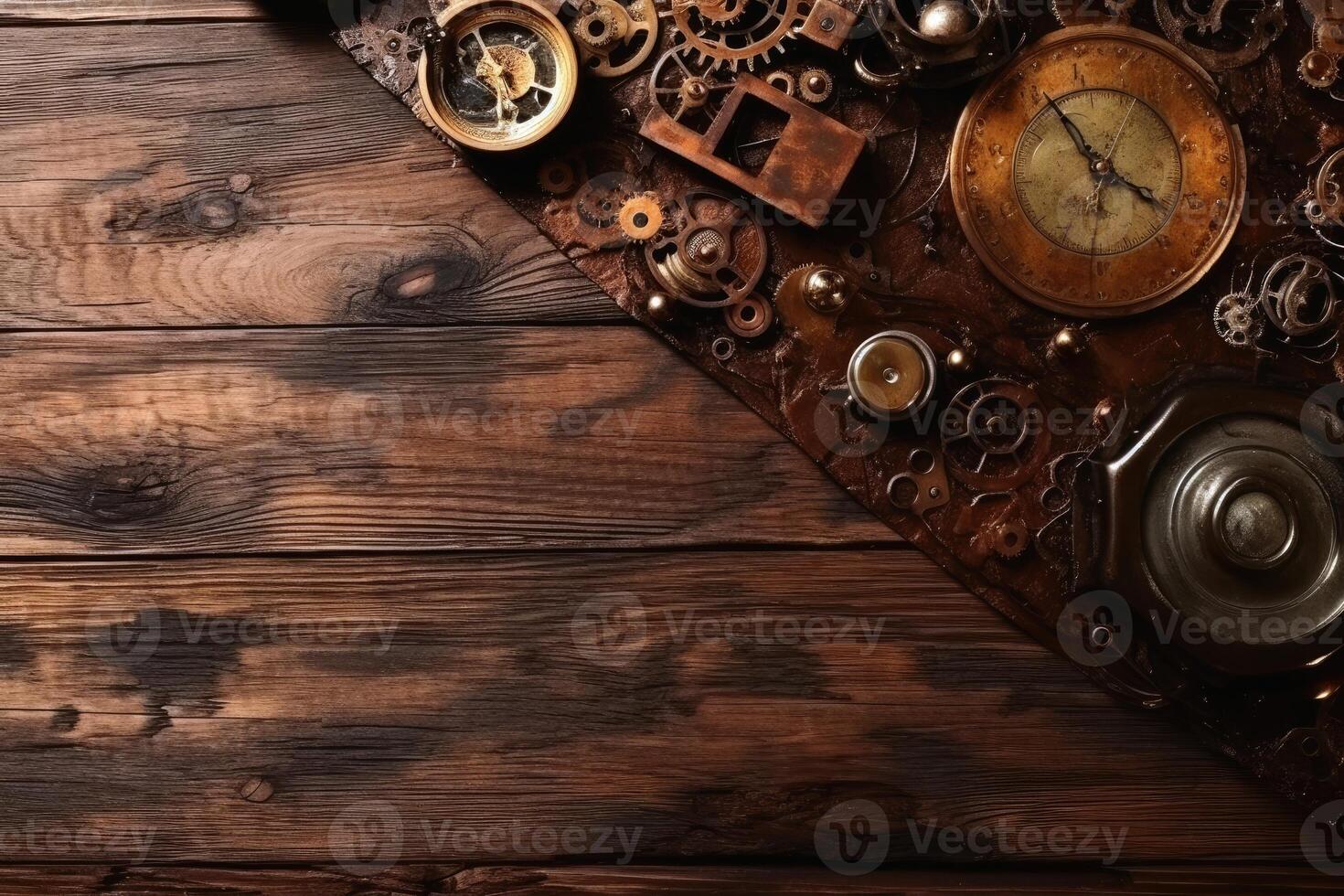 Steampunk Hintergrund auf ein hölzern Oberfläche mit Kopieren Raum erstellt mit generativ ai Technologie. foto