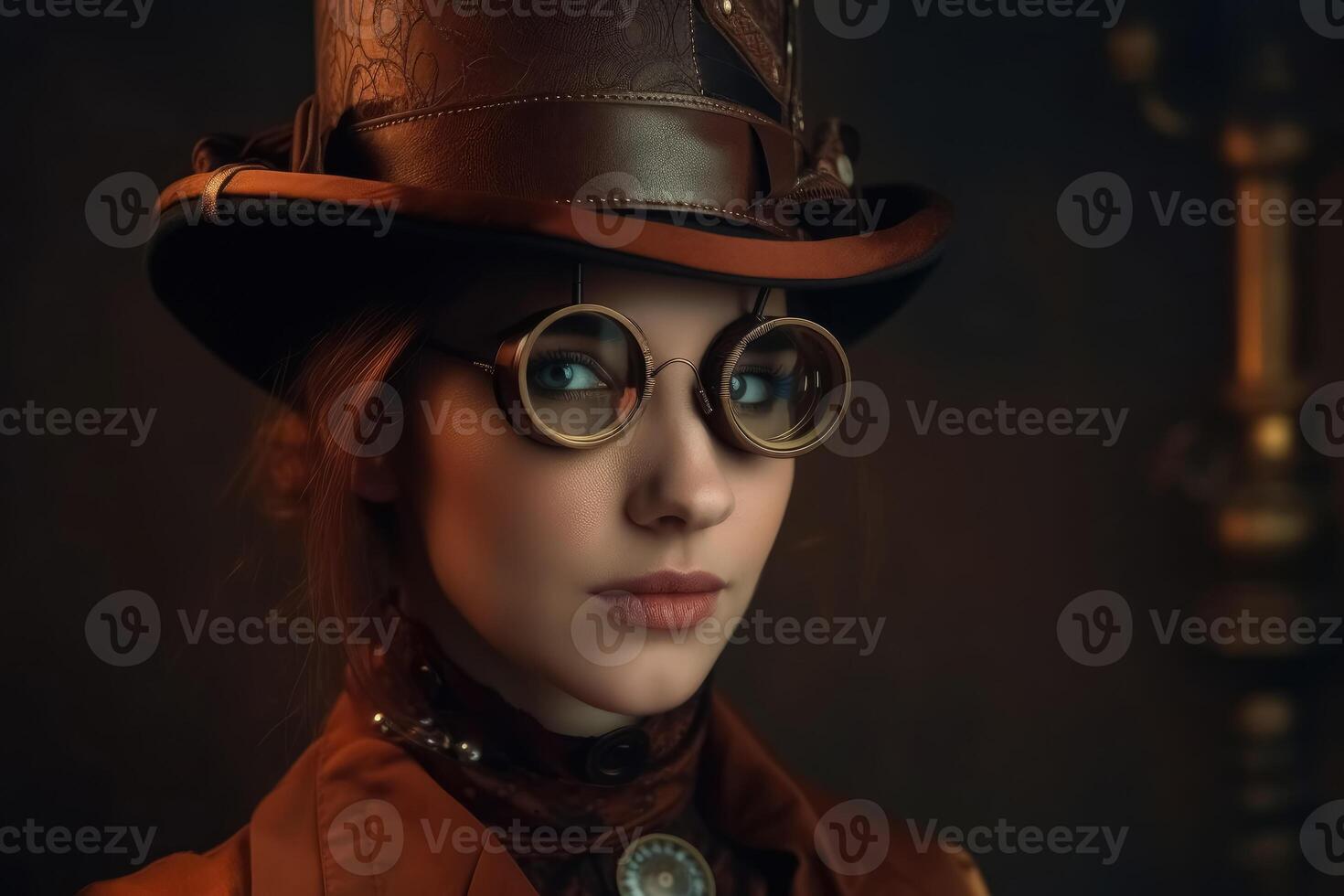 ein schön Porträt von ein jung Frau im ein Steampunk Outfit erstellt mit generativ ai Technologie. foto