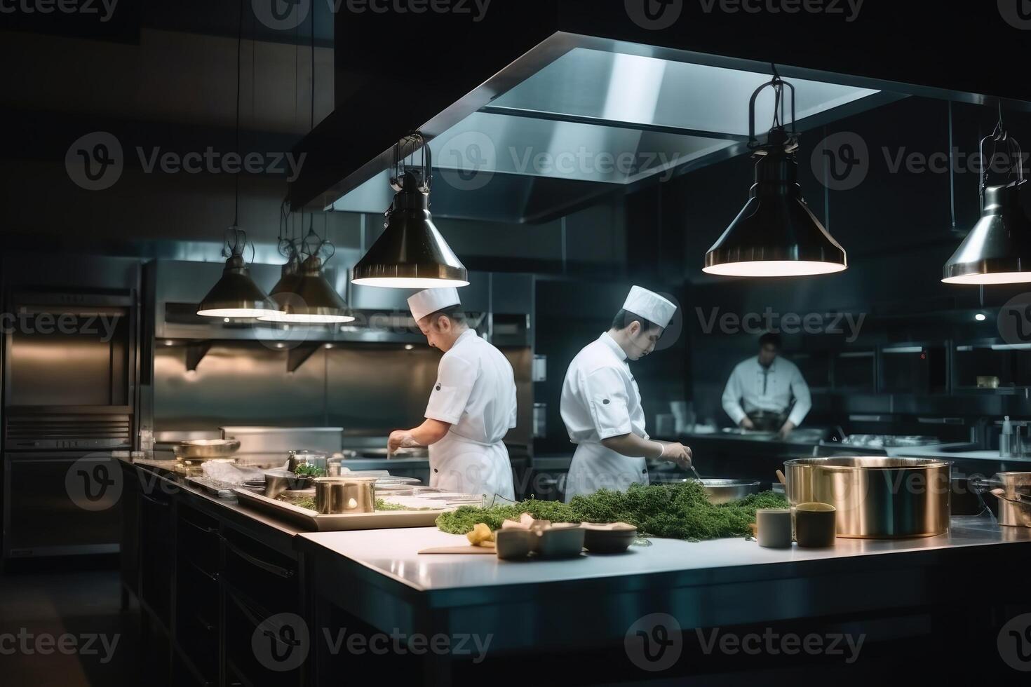 Fachmann Köche Kochen im ein modern Küche erstellt mit generativ ai Technologie. foto