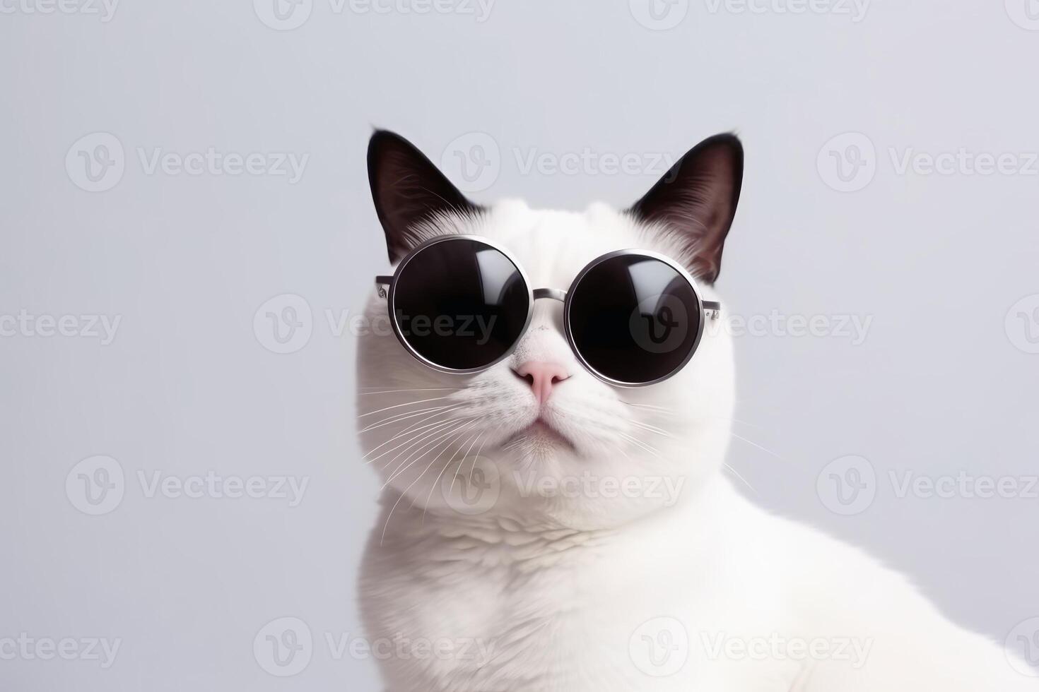 ein cool Weiß Katze tragen schwarz Sonnenbrille auf ein Weiß Hintergrund erstellt mit generativ ai Technologie. foto