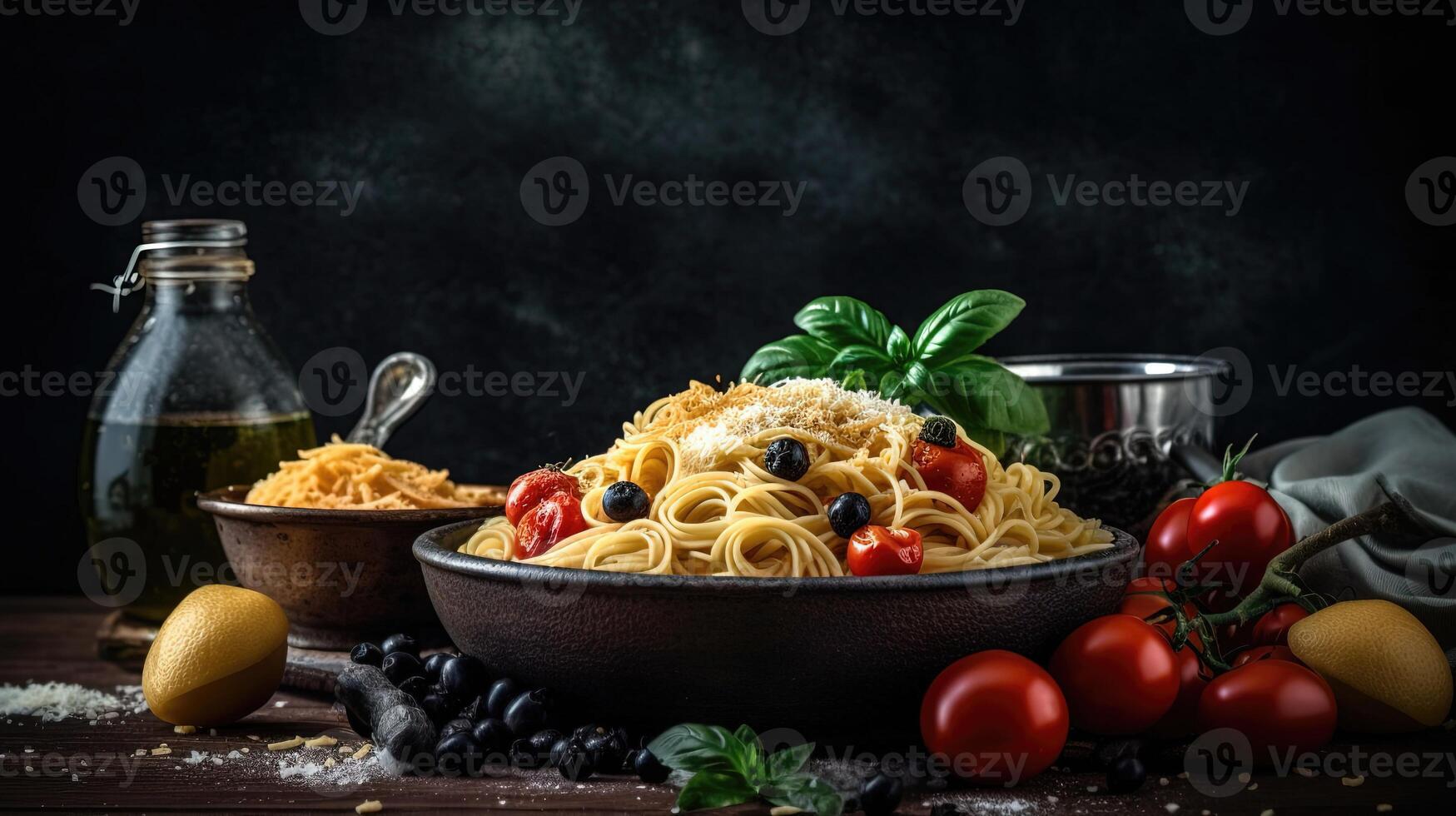 köstlich Pasta Gericht mit Soße auf dunkel Hintergrund. perfekt zum Essen und Italienisch Küche Themen. generativ ai foto