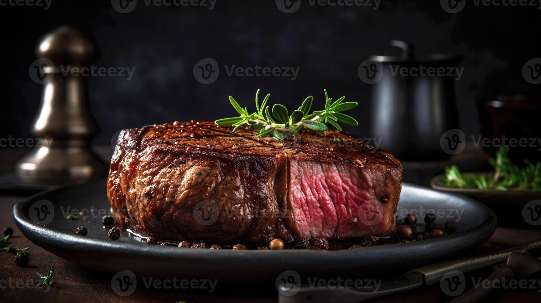 saftig Rindfleisch Rippe Auge Steak auf Marmor texturiert dunkel Hintergrund mit Kräuter, Gewürze, und Salz. generativ ai. foto