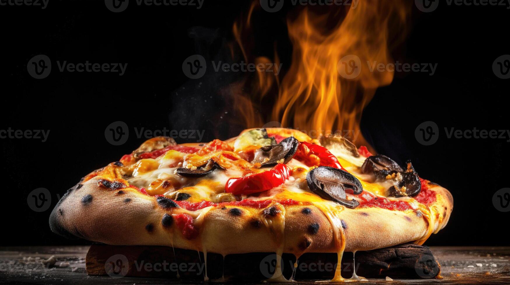 Holz gefeuert Pizza mit Salami, Pfeffer und Käse auf ein hölzern Tafel mit Rauch und Flammen. schwarz Hintergrund. generativ ai foto