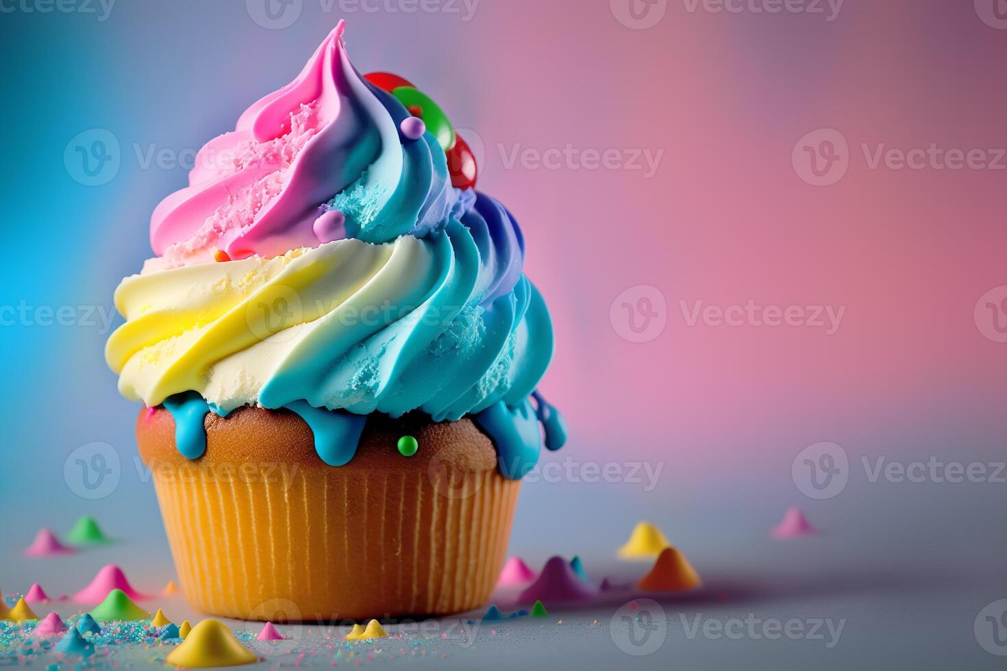 Magie Regenbogen Cupcake mit Creme, dekoriert mit Sträusel und Beeren. generativ ai Illustration foto
