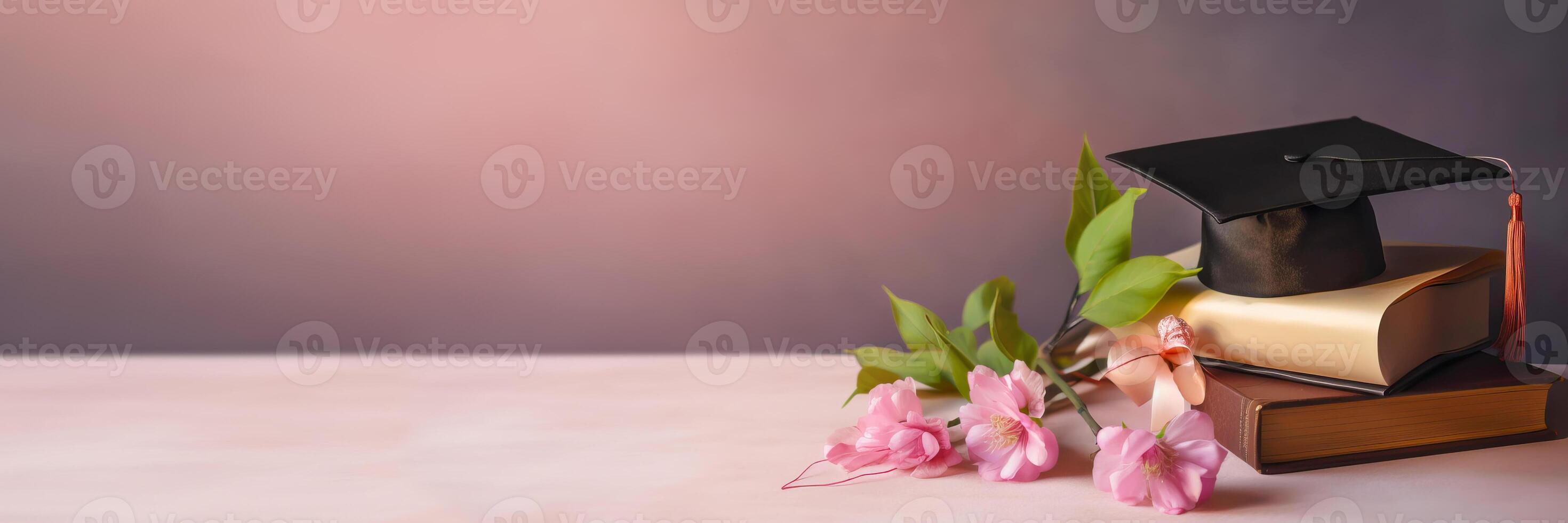 Banner mit Absolvent Deckel, Apfel Ast und akademisch Bücher. lernen, Ausbildung, Universität, Hochschule, Absolvent Konzept. generativ ai Illustration foto