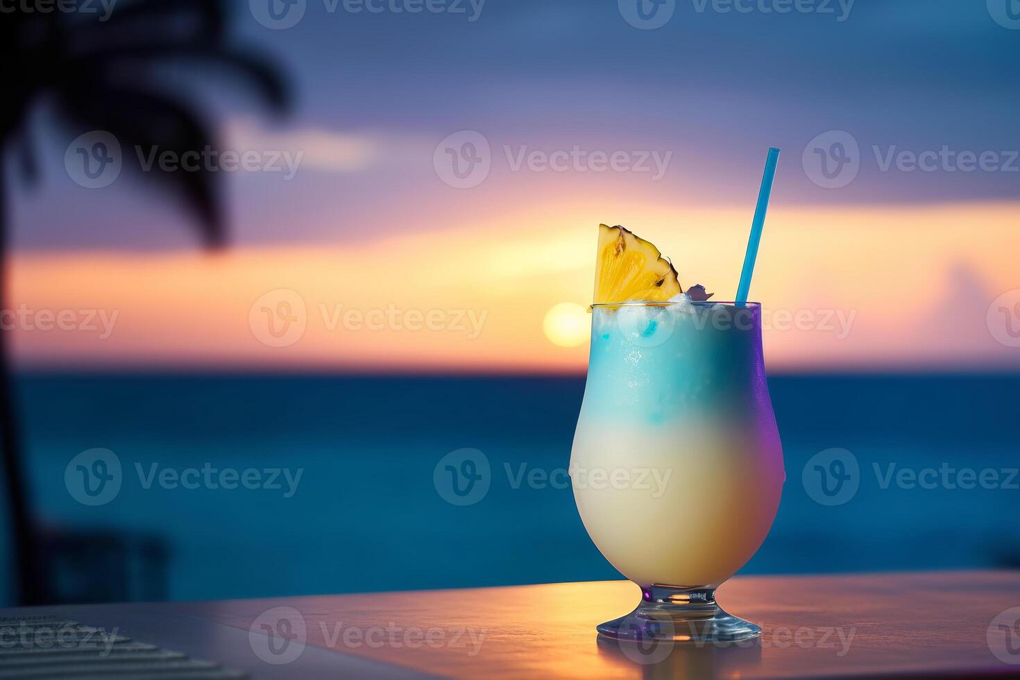 Pina Colada Cocktail auf Sonnenuntergang tropisch Landschaft Hintergrund. generativ ai Illustration foto