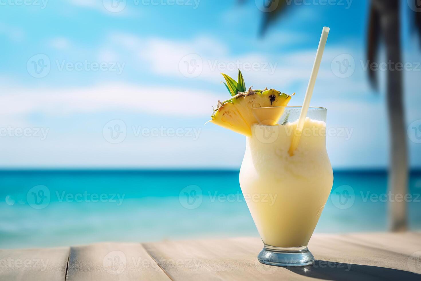 tropisch Cocktail Pina Colada gegen das Hintergrund von schön tropisch Landschaft. generativ ai Illustration foto